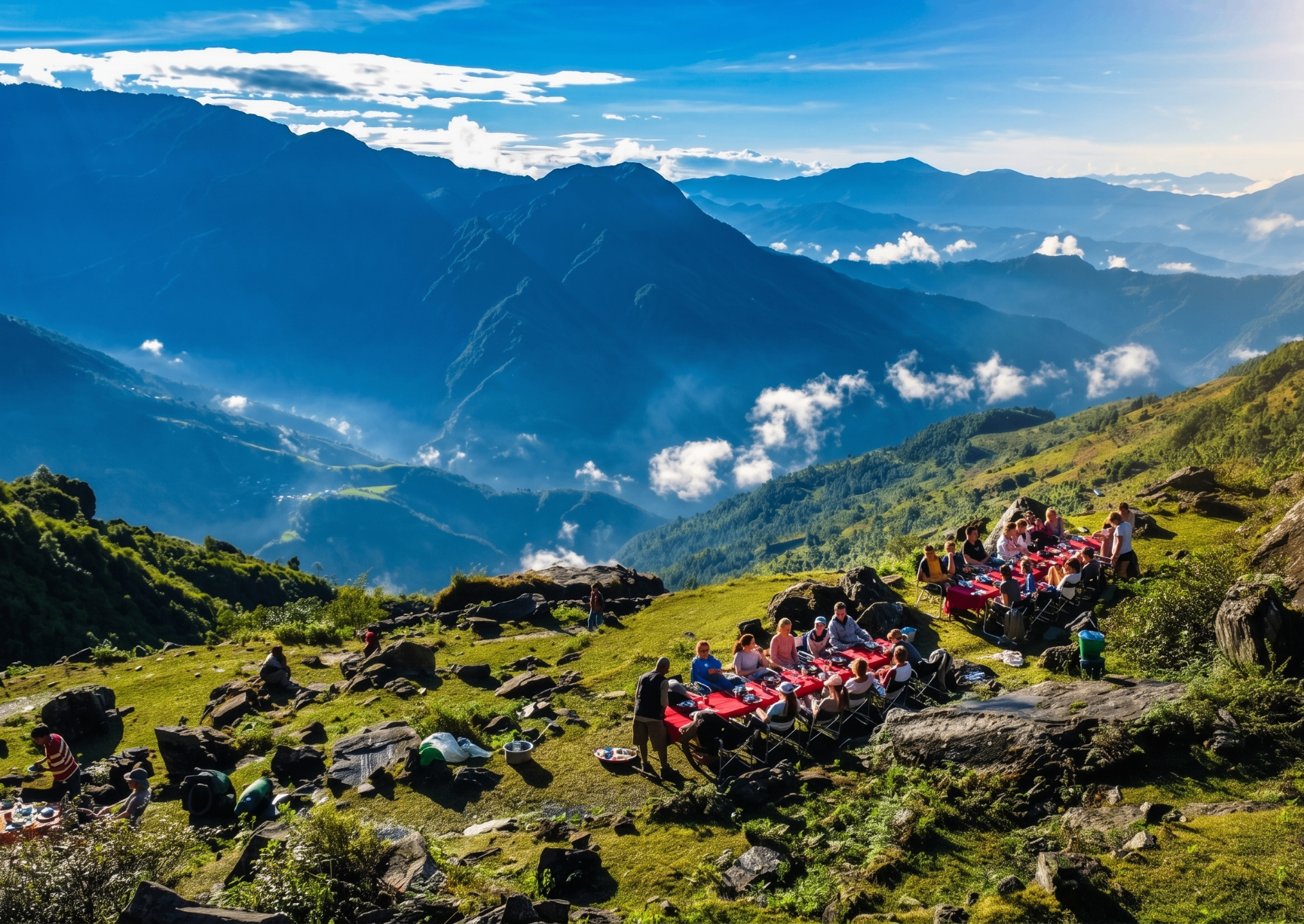 Students sharing a meal on a mountainside overlooking misty valleys