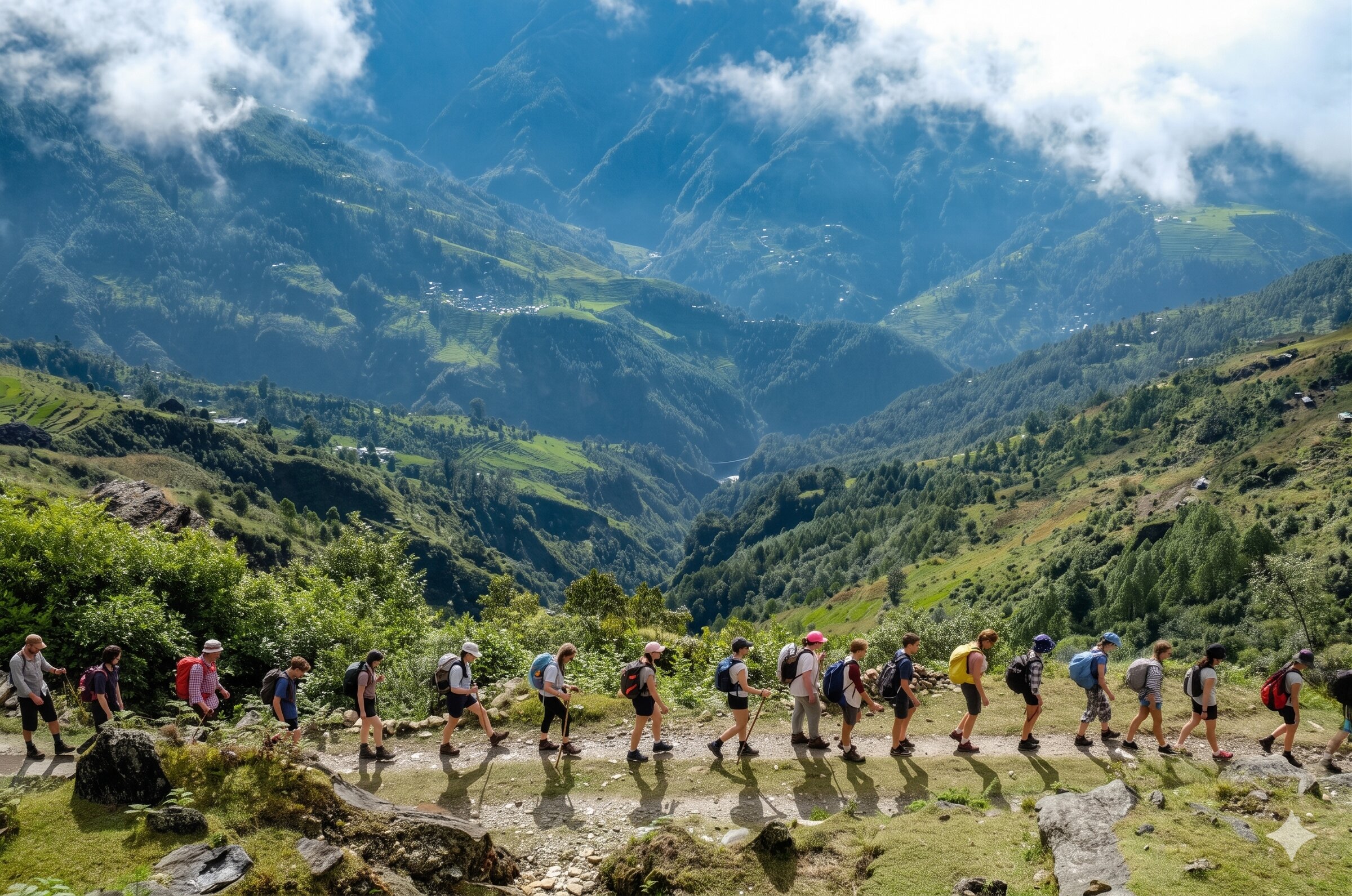 Students trekking through a Himalayan valley